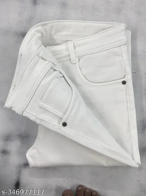 Cotton blend men's white jeans, stretchable, comfortable with ripped pattern, new design. White denim for every man, India origin, size 26, 28, 30, 32