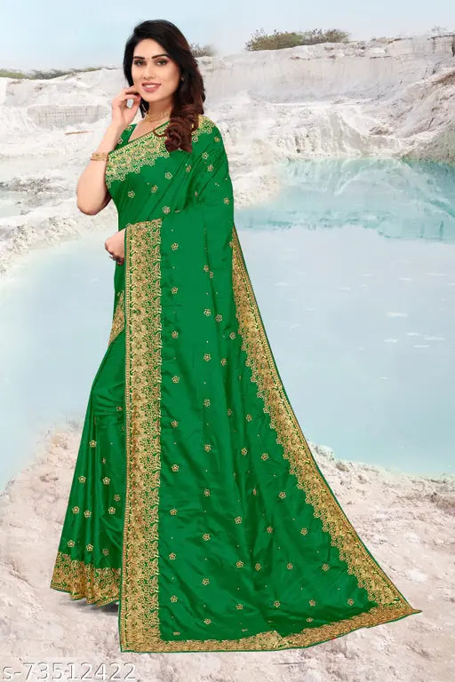 Bottle Green Vichitra Silk Embroidered Bridal Saree with Satin Silk Separate Blouse, Indian made