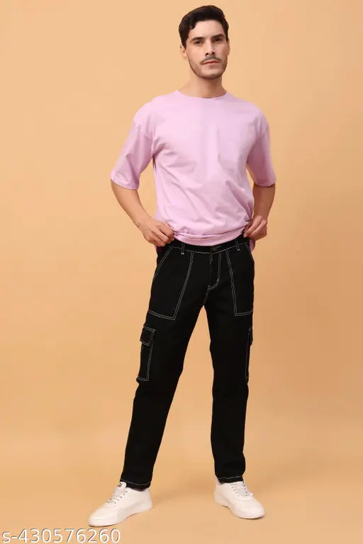 Black cotton-blend mid rise 6 pocket jeans, perfect for work and casual wear, featuring multiple pockets, including cargo pockets on each thigh, breathable and lightweight
