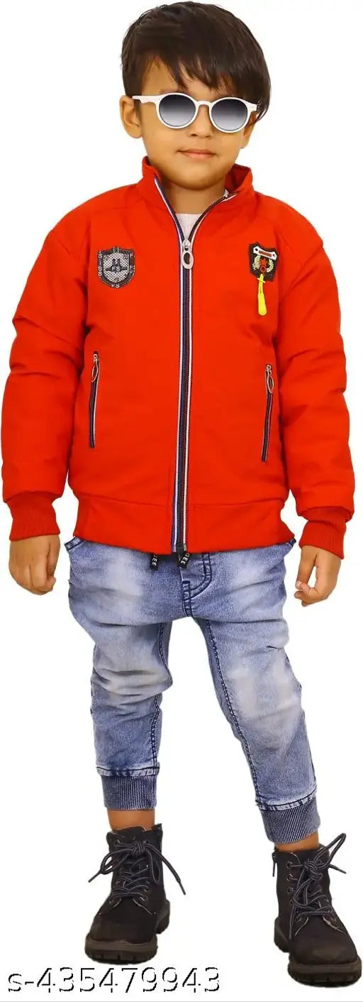 Red jacket with hood, zip closure, winter wear
