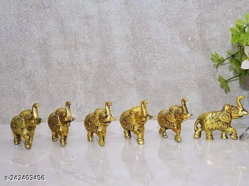 Gold metal small elephant figurines, art collection set of 6 pieces for home and office decor