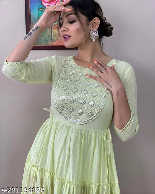 Green rayon embroidered gown with three-quarter sleeves, Indian bridal wear