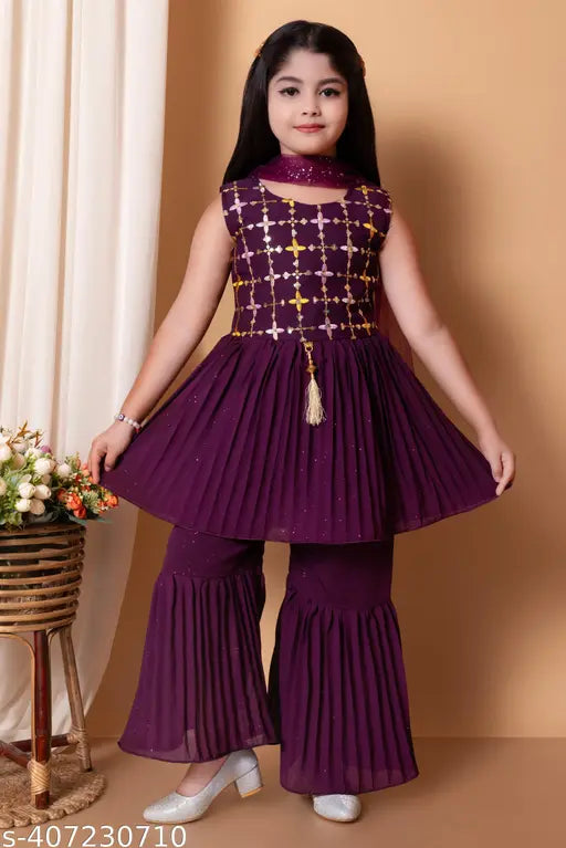 White embroidered A-line sharara bottoms for kids in chiffon, Indian ethnic wear