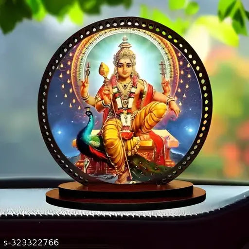 Multicolor, hand-carved wooden Lord Kartikeya idol for car and home decor - ideal gift, matte finish, prelaminated MDF