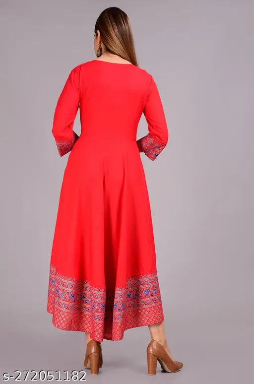 Rayon printed women's Anarkali kurta with three-quarter sleeves, Indian flared style, single size M (bust 42in, length 50in)