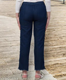 Dark blue side buttoned stretchable premium denim women's ankle-length jogger jeans with multiple pockets