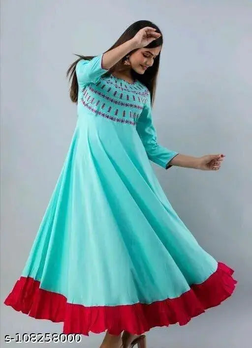 Rayon Tanzila Anarkali Kurta, solid color women's three-quarter sleeve outfit, traditional Indian fashion