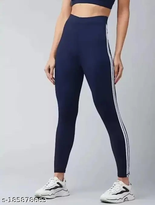 Blue double pati 2500 printed net lycra workout trousers for women, ankle length stretchable striped jeggings | yoga track pants | free size 28-34in