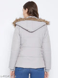 Grey winter wear parka jacket, fancy glamorous women's polyester full-sleeve solid coat with quilted high-quality polyfill, detachable faux fur hood, and three pockets (inside and outside) from Vero Amore, India