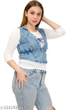 A girl in a dark denim jacket with a top printed design