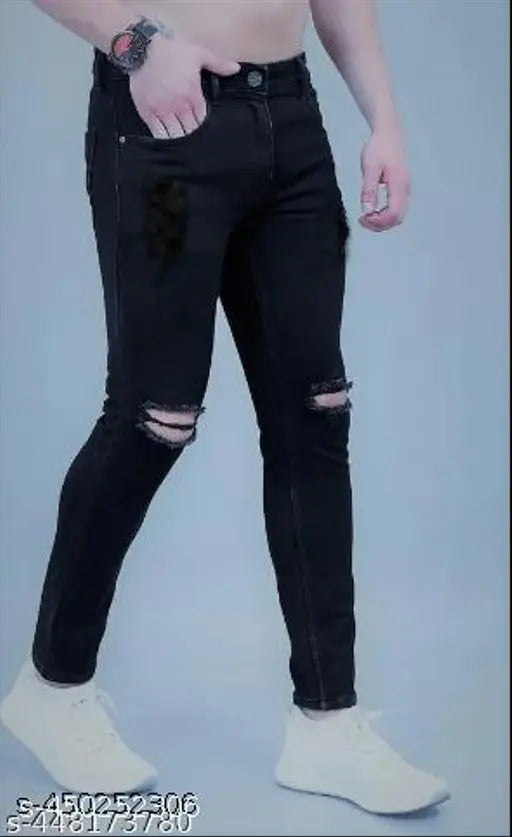 Black denim knee-cut jeans for men by Shriradhe Enterprises. Solid fabric, fits perfectly, great for any occasion. Size 30 (Waist 30in, Length 37in, Hip 31in), also available in size 36 (Waist 36in, Length 39in, Hip 37in). Made in India