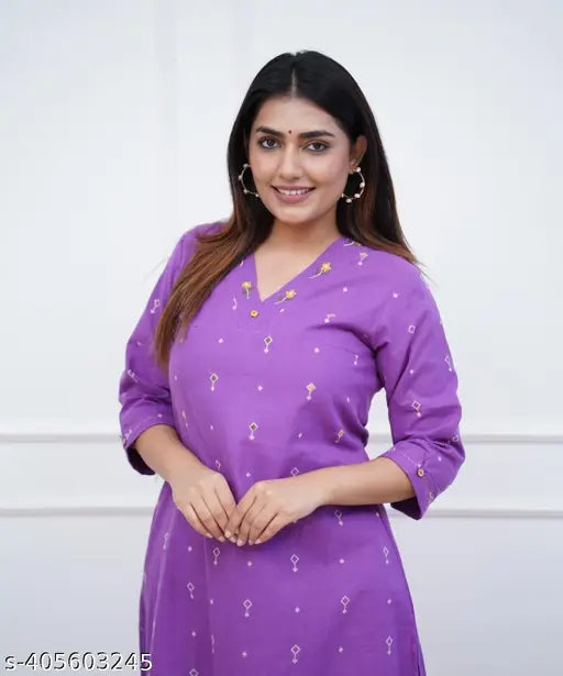 Purple printed embroidered kurta with palazzos set, cotton fabric for couples, three-quarter sleeves