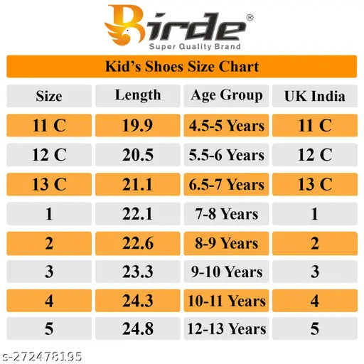 BIRDE sports shoes, regular walking shoes for kids size chart
