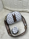 Grey checkered crossbody sling bag with coin pouch, strap closure