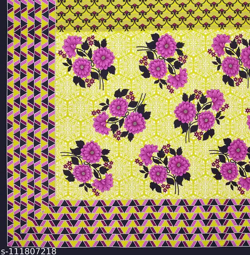 Yellow cotton bedsheet with purple floral print, premium quality, with geometric border.