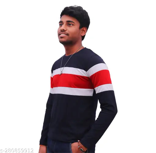 Black and white striped round neck cotton T-shirt for men, long sleeves, comfortable fit, trendy design, versatile layering