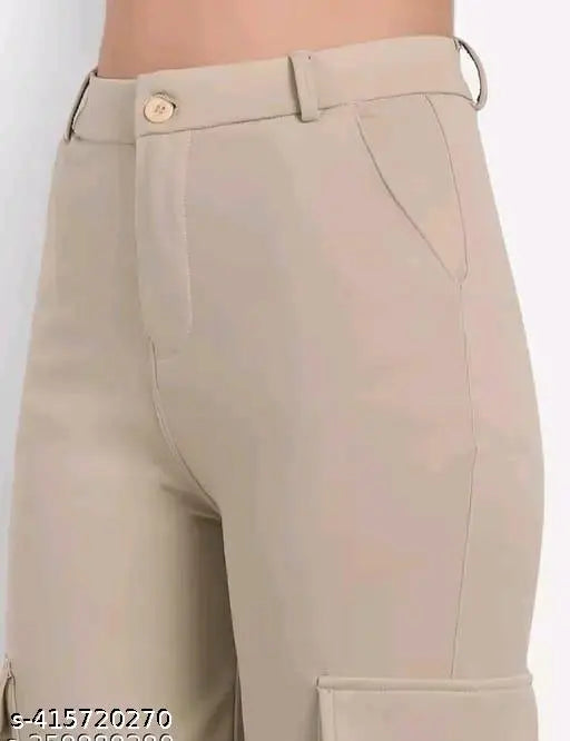 Cream women's trousers, buttoned fly, cuffed leg