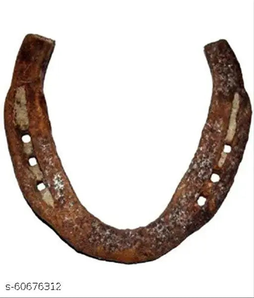 Metal horse shoe for good luck and negative energy protection, Indian folk art figurine on display stand