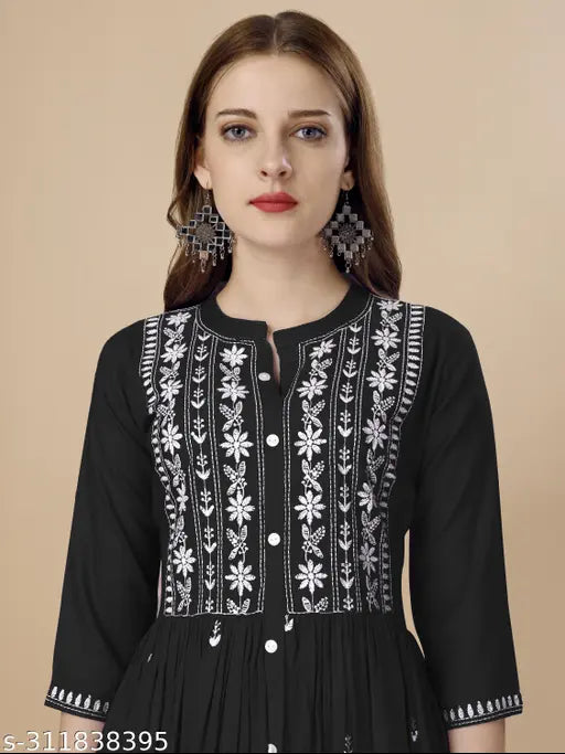 Black and white poly rayon women's kurta with embroidery