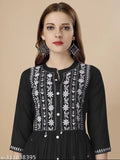 Black and white poly rayon women's kurta with embroidery