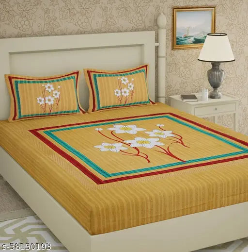 Jaipuri print 144 TC cotton double bed sheet with 2 pillow covers, floral-patterned fitted sheets for summer adult use, made in India