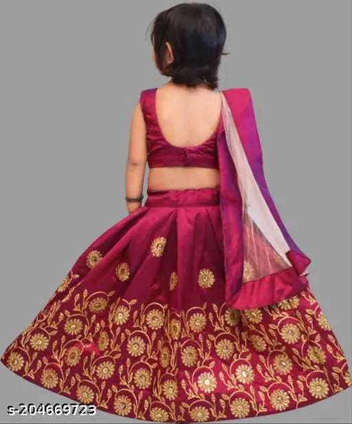 Maroon taffeta silk readymade Lehenga Choli ethnic wear for baby girls (2-5 years), embellished with zari embroidery & mirror work, perfect for Indian occasions and festivals