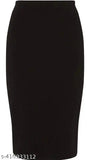 The image shows a black pencil skirt with an elasticated waist belt. It features a classic bodycon design, which is suitable for girls and women. The skirt has a stretchy fabric that allows for ease of movement