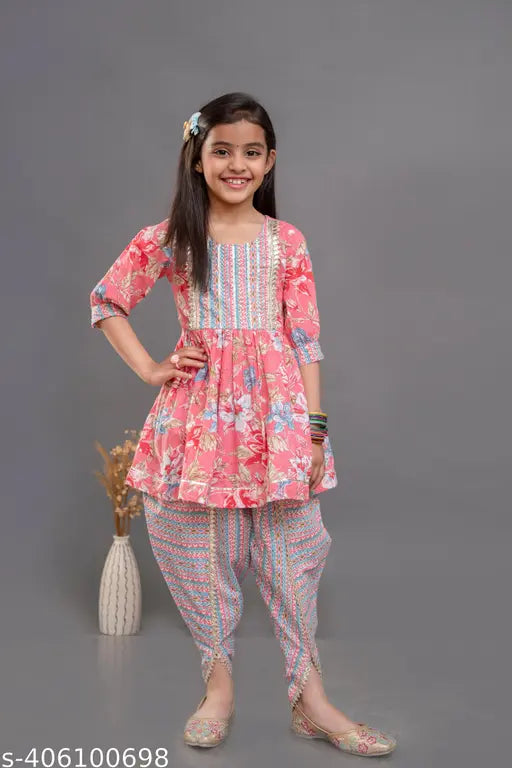 Kids girl cotton kurta dhoti set, 5-6 years (24in/25in), printed straight top and dhoti pants on display