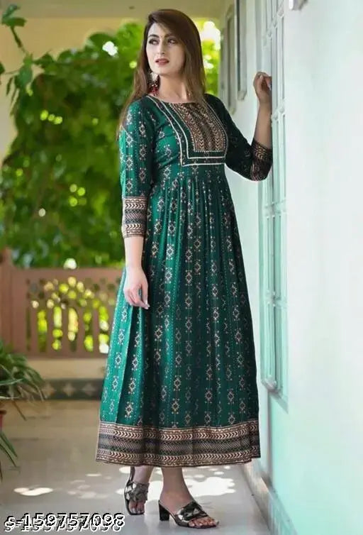 Gold print rayon dress with three-quarter sleeves, featuring a printed combo design. S-XXXL sizes available