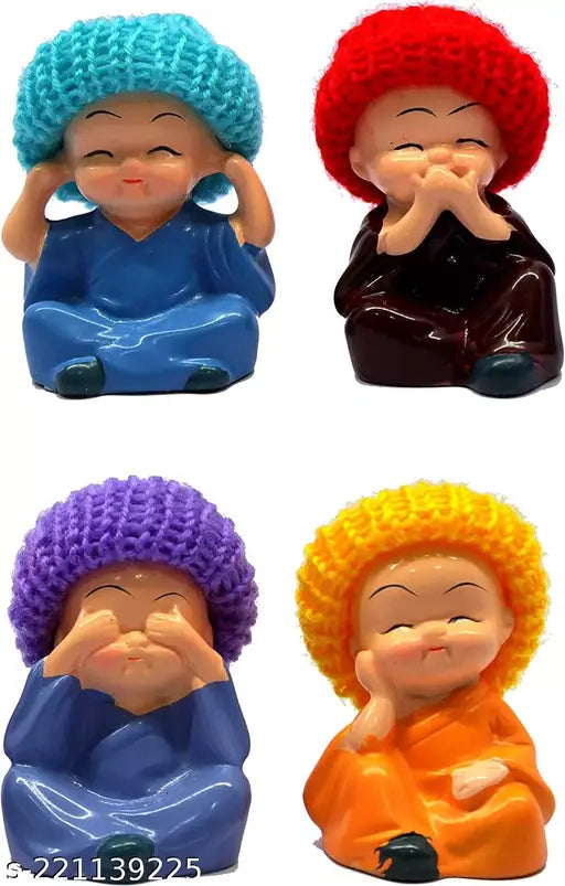 Polyresin smiling happy baby monk Buddha figurines, set of 4 - Feng Shui home decorative showpieces, car dashboard accessories