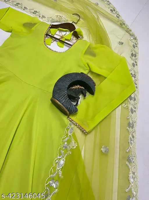 Stylish Georgette traditional gown and dupatta set for women, solid-colored long sleeves