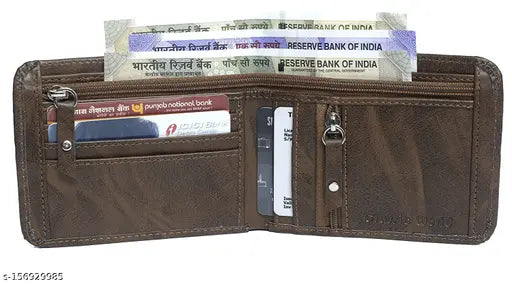 Brown faux leather nem woodsky wallet, compact with 2 compartments for essentials and a matte finish