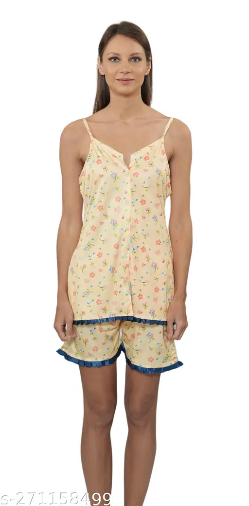 Women's yellow shorts set, printed net on poly silk top & bottom, sleeveless and short length, suitable for various sizes from S-XXXL, soft and breathable Indian nightwear