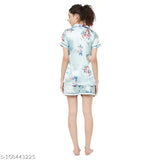 Turquoise floral print Japanese satin women's nightsuit with lapel collar and button closure, available in sizes XS to 5XL. Model wears size S. Made in India