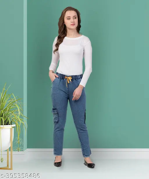 High-waisted premium stretchable denim cargo blue jogger pants for women