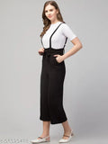 Black polyester dungaree with white t-shirt for women, solid pattern, short sleeves