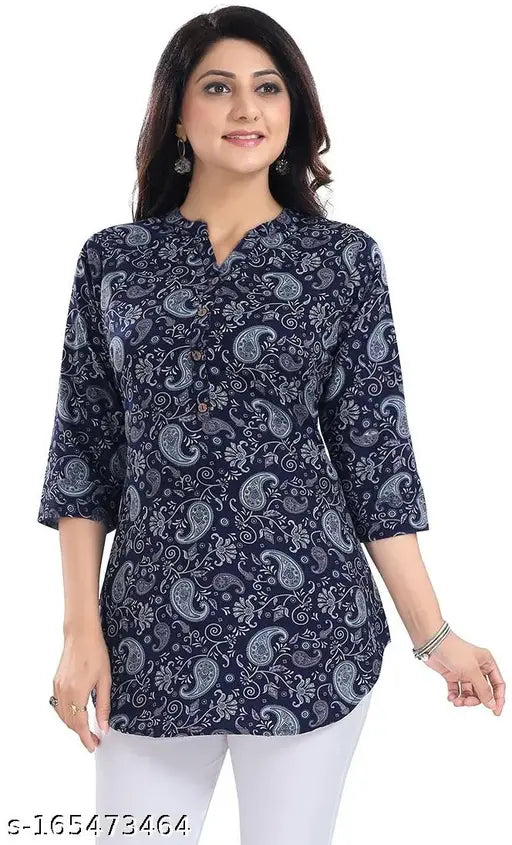 Blue crepe short kurti by GMK Fashions with digital floral print, three-quarter sleeves for daily/office wear, lightweight Indian fabric