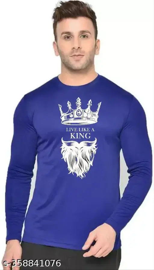 Full blue solid men's printed round neck cotton blend long sleeve t-shirt with "Live Like a King" motif