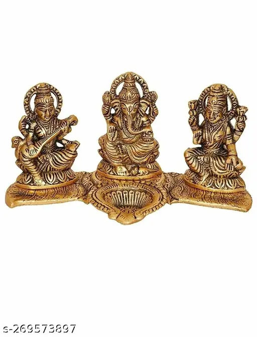 Gold-toned metal decorative platter with Laxmi, Ganesha, and Saraswati Idols, includes Diya for temple or home use, perfect for religious gifting or festivals