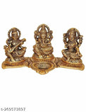 Gold-toned metal decorative platter with Laxmi, Ganesha, and Saraswati Idols, includes Diya for temple or home use, perfect for religious gifting or festivals