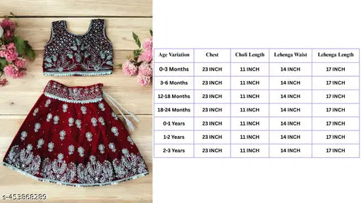 Velvet embellished baby lehenga set, Indian ethnic wear party occasion dress for girls (size 0-3 years: waist 14in, length 17in)