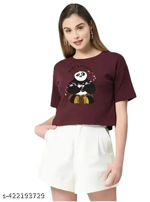 Cotton blend KungFu Panda crop top, short sleeves, printed net design, XS-XL sizes, casual wear for girls and women, made in India