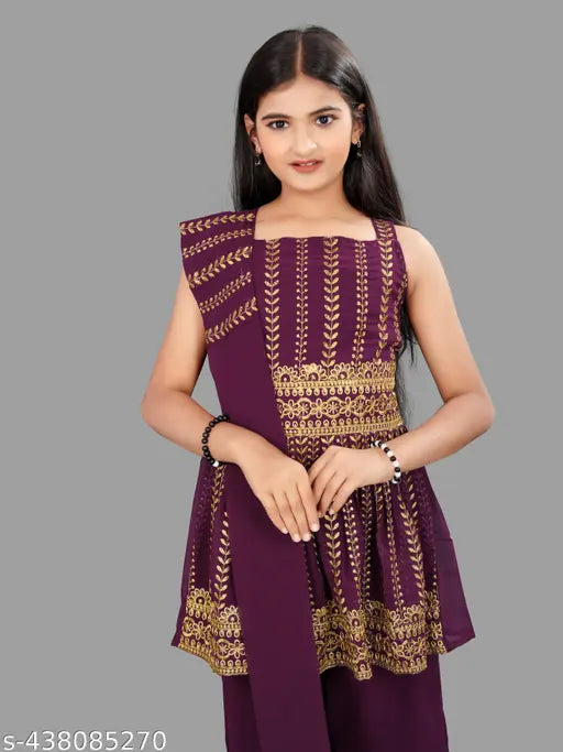 Trendy Indian Kids Kurta Pajama Set, embellished ethnic wear with dupatta, crepe fabric in various sizes from 4-16 years