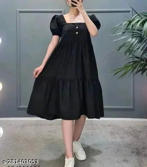 Black women's short ruffled hem midi dress