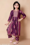 Purple Rayon kurta pyjama sets for kids by Barkat Designing Planet, 4 sizes available from 3-4 years to 11-12 years. Indian kidswear design on display