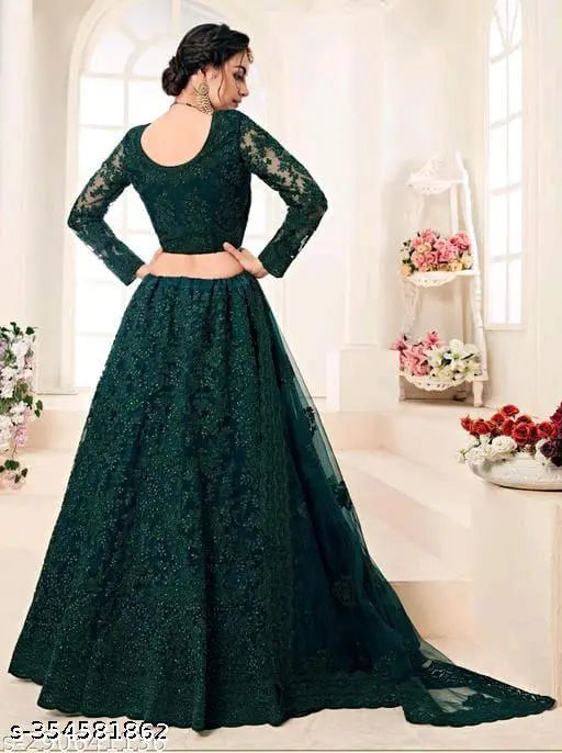 Embroidered net lehenga-choli set for women, trendy Indian traditional wear with intricate embellishments