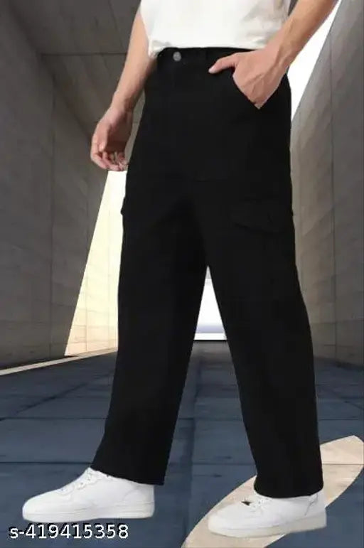 Black denim baggy cargo pants - oversized style, size 32/waist 32", length 40", hip 39