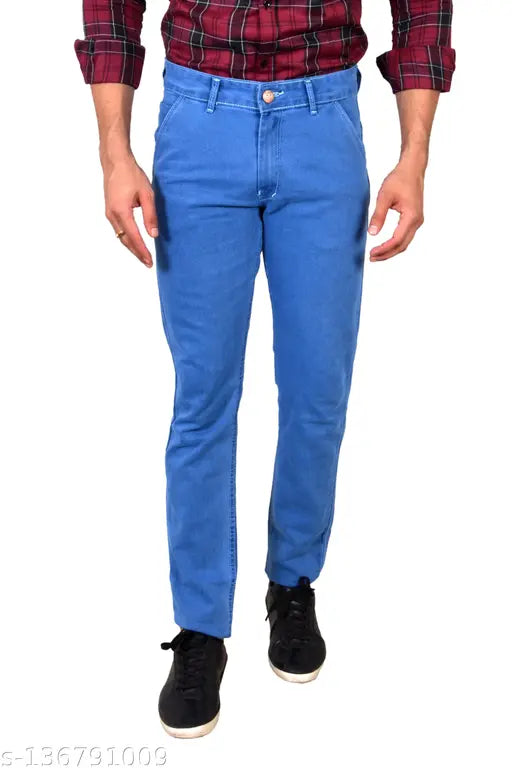Men's high-quality skyblue stretchable jeans, slim fit and regular lengths available from 28-40 inches. Indian-made denim pants perfect for casual or formal wear with shirts or t-shirts