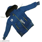 Blue winter jacket with long sleeves, zip closure, and hood