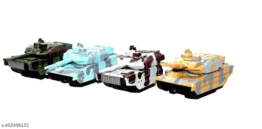 Multicolor die-cast metal military tank set for kids, featuring 4 army tanks with push-back action. Highly detailed exterior, no batteries required. Perfect for birthdays, holidays, or playtime fun